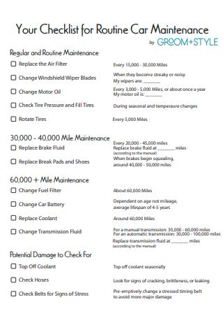 Free Car Maintenance Checklist Samples Word Pdf