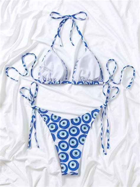 Shein Swim Bohofeel Evil Eye Print Bikini Set Halter Triangle Bra And Thong Bottom 2 Piece Bathing