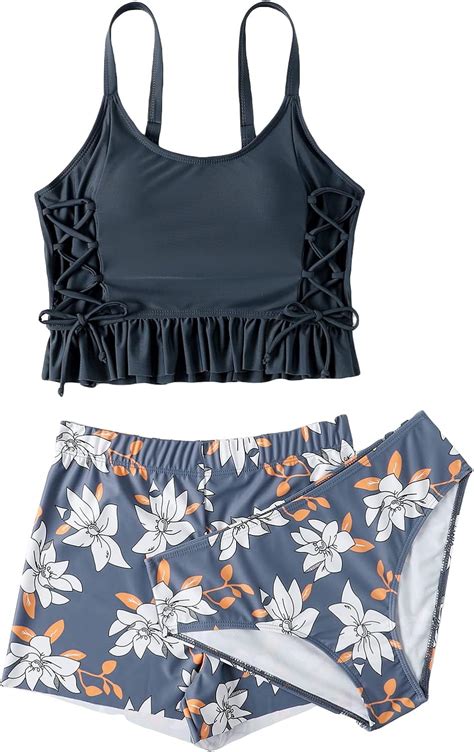 Amazon Wdirara Women S Pieces Floral Lace Up Ruffle Hem Bikini Swimsuit With Swim Bottom