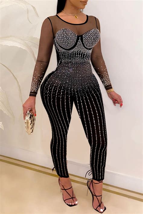 Wholesale Black Fashion Sexy Patchwork Hot Drilling See Through O Neck Skinny Jumpsuits K
