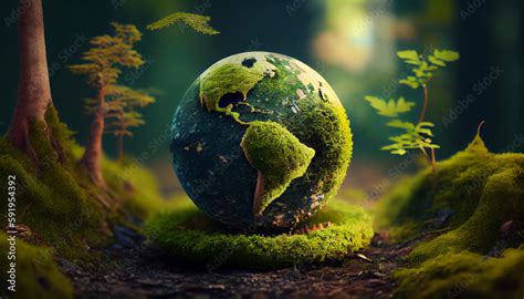 Globe On Moss In Forest Environmental Earth Day Concept Ai Generated