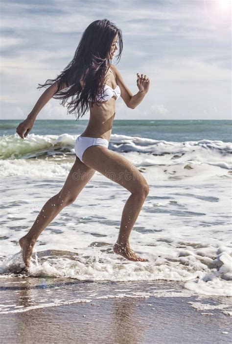 Woman Girl In Bikini Running On Beach Stock Image Image Of Flare