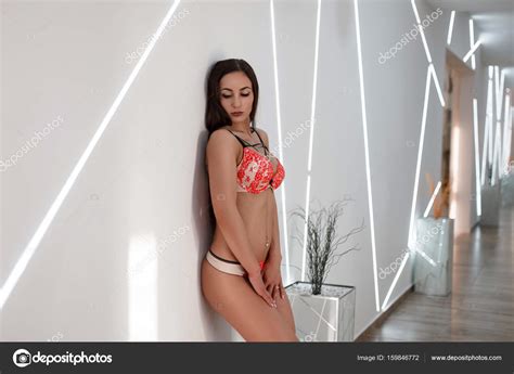 Beautiful Sexy Woman In Lingerie Near A Wall With Lines Stock Photo Alonesdj 159846772