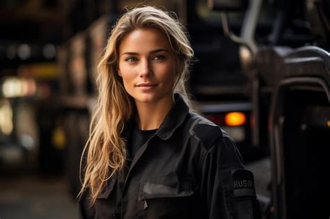 Premium Ai Image Woman Fire Rescuer In Protective Outfit Generative Ai