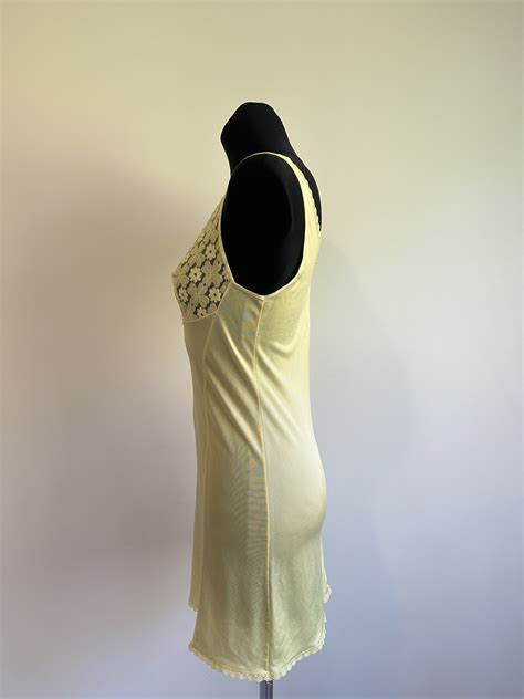 S Soviet Vintage Full Slip Negligee Yellow Nylon Lace Lingerie Underwear Nightgown Sexy
