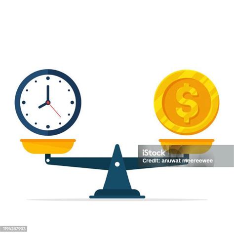 Jam Tangan Vektor Dan Uang Dalam Skala Besar Konsep Menimbang Waktu Dan