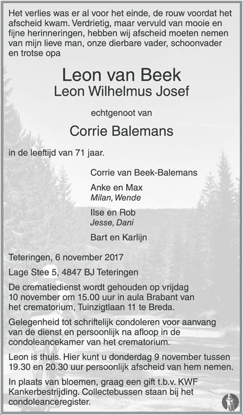 Leon Wilhelmus Josef Leon Van Beek 06 11 2017 Overlijdensbericht En