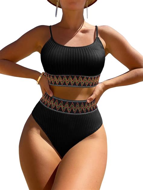 Snapklik High Waisted Tummy Control Bikini Striped Ribbed Women Cheeky Brazilian Bathing