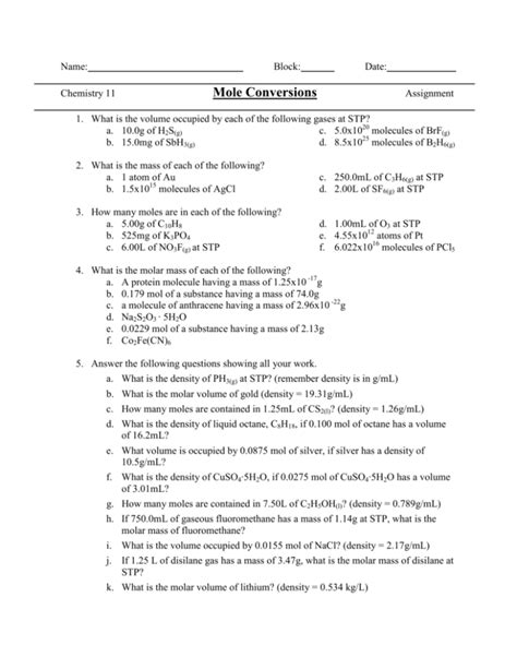 Mole To Mole Conversions Worksheet