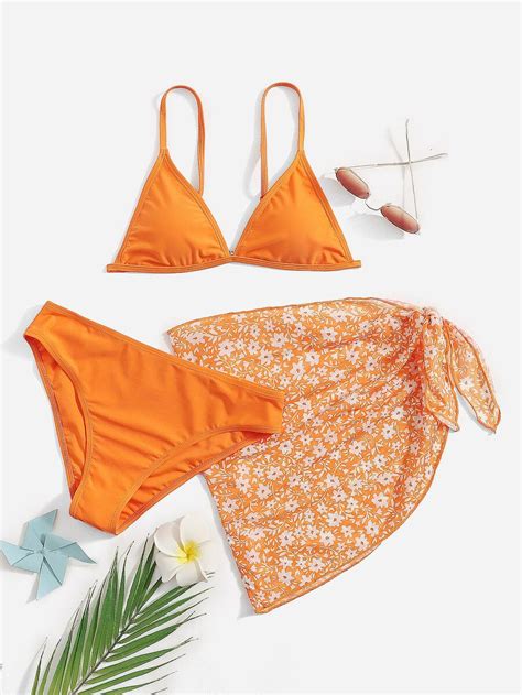 3 piezas Conjunto de bikini triángulo y falda de playa con estampado