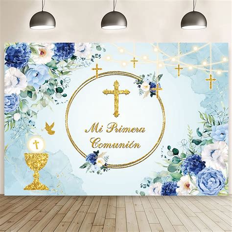 MEHOFOND 7x5ft Mi Primera Comunión Backdrop Blue Floral First Communion