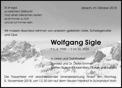 Traueranzeigen Von Wolfgang Sigle Zvw Trauer