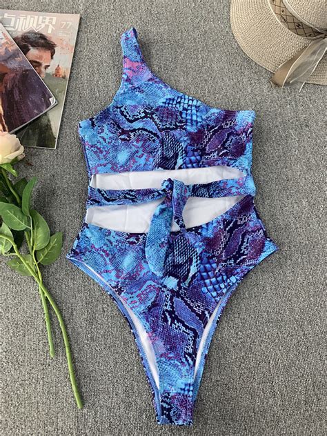 Snake Patterned Print One Shoulder Women Swimwear Swimwear And Bikini Price