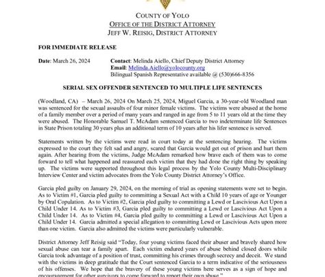 Press Release Serial Sex Offender Sentenced To Multiple Life Sentences Yolo County District