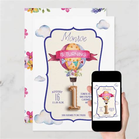 Hot Air Balloon First Birthday Party Invitations Zazzle