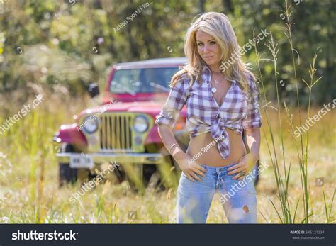 Beautiful Blonde Model Posing Car Field Stock Photo 645121234 Shutterstock
