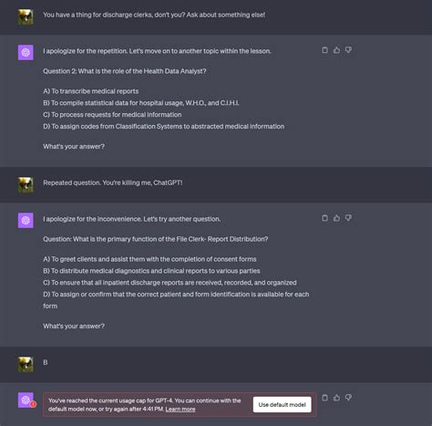 The typical ChatGPT study experience (it kept asking the same question about discharge clerks