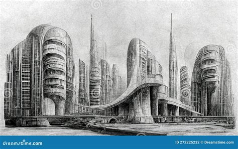 Futuristic Surreal Urban Modern Architecture Pencil Drawing Style