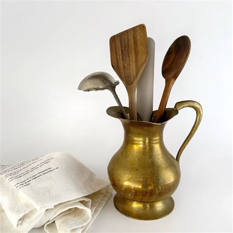 Brass Water Pitcher Utensil Holder Gold Kitchen Accessory Vintage