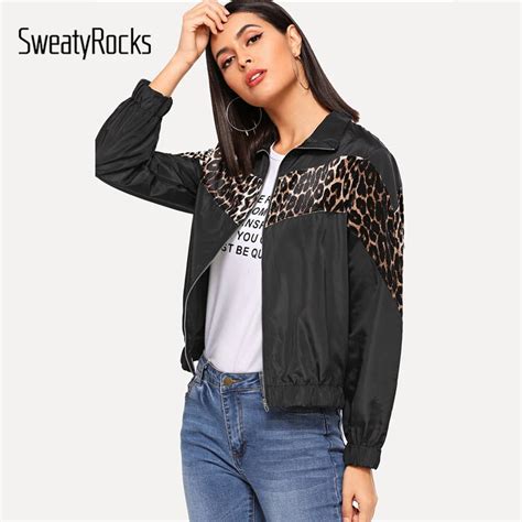 SweatyRocks черная леопардовая куртка на молнии женская уличная одежда ...