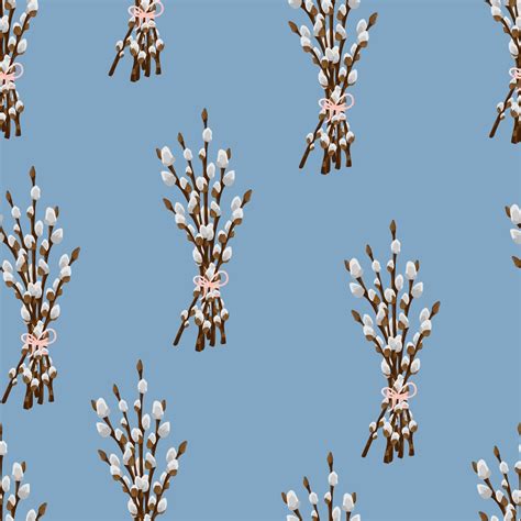 Easter Spring Twigs Blossom Pussy Willow Tree Seamless Pattern Vector Spring Holiday Texture In