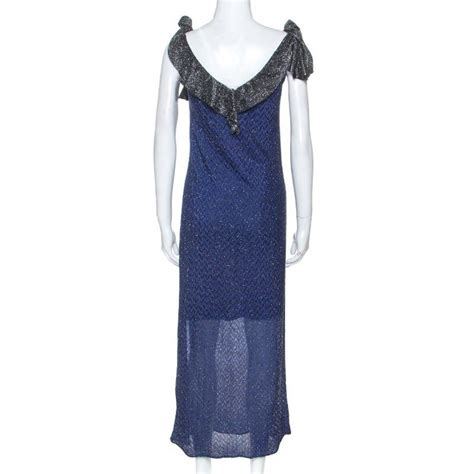 M Missioni Blue Metallic Knit Tie Shoulder Detail Maxi Dress S For Sale