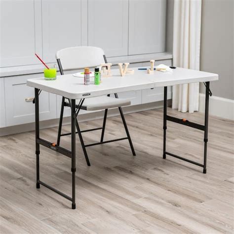 Lifetime Ft One Hand Adjustable Height Fold In Half Table Almond