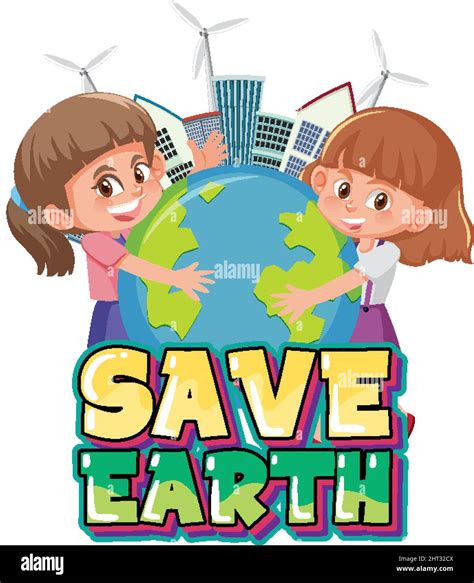 Save Earth Banner Design With Two Girls Hugging Earth Globe