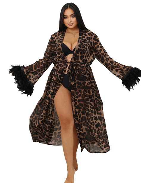 Ohyeah Lace Kimono Robe Leopard Print Robe Sexy Lingerie For Women Long Lace Cover Up Gown