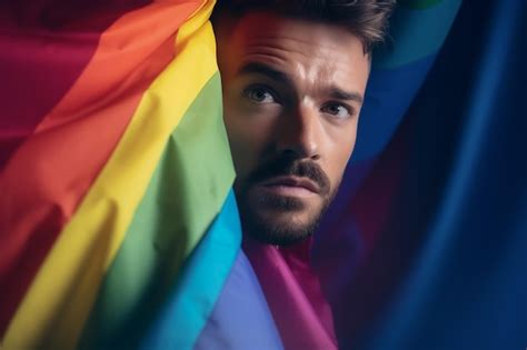 Foto Expresiva Del Orgullo De Un Hombre Gay Con Una Bandera Del Arco Iris Fondo De Pantalla Del