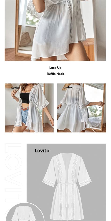 Lovito Casual Plain Lace Up Ruffle Neck Frill Contrast Tighten The Waist Half Sleeve Bikini