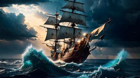 Premium AI Image | Fantasy pirate ship on the sea background Generative AI