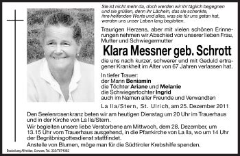 Traueranzeigen Von Klara Messner Trauer Bz