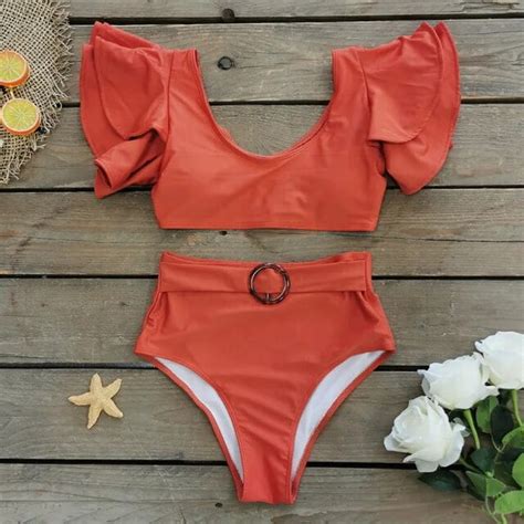 2023 New Sexy High Waist Bikini Sets Ruffle Swimwear Women Swimsuit Print Floral Dots V Neck