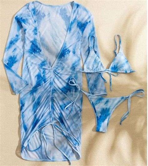Shein 3Pack Tie Dye Bikini Swimsuit And Drawstring Cover Up Blue And White Small Dutch Goat