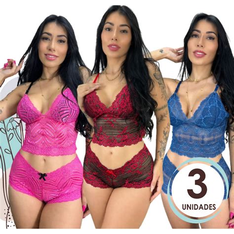 Kit 3 Conjunto Calesson Espera Marido Renda Forro Sem Bojo Lingerie