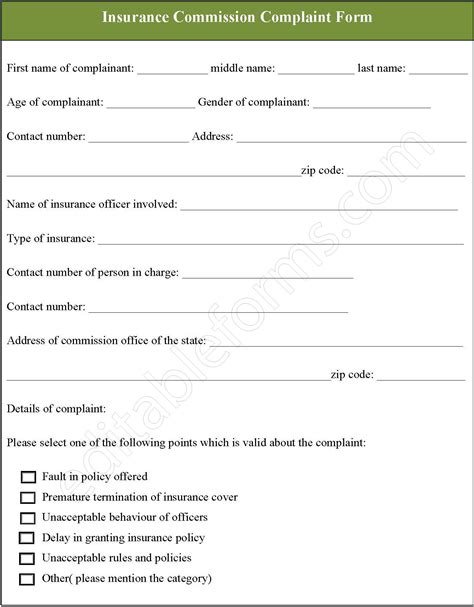Insurance Commission Complaint Form | Editable PDF Forms