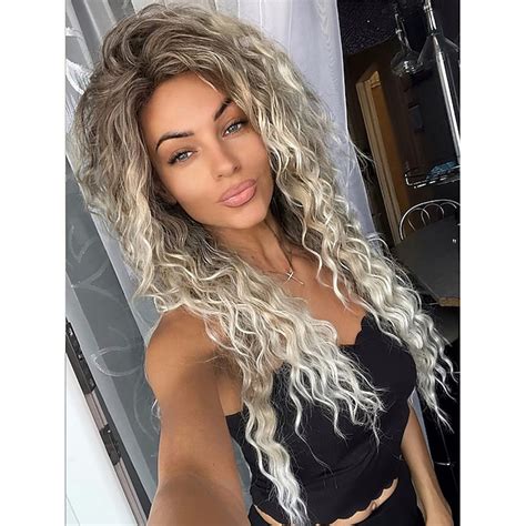 Carnival Gifts Ombre Ash Blonde Curly Wig Long Wavy Wigs For White Women Fluffy Synthetic Wig