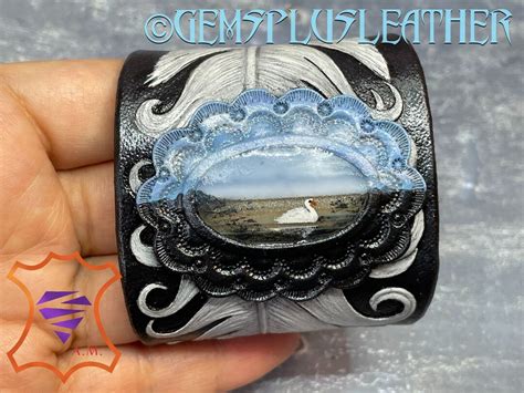 Tooled Leather Cuff Bracelet With Hand Painted Blue Opal And Etsy