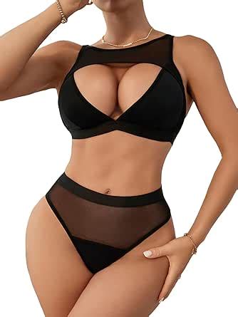 Amazon Oyoangle Women S Piece Lingerie Set Mesh Cut Out Wireless Bra And Thong Panty
