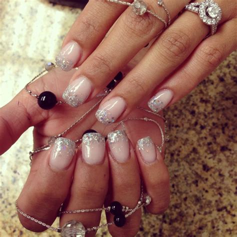 Nude Wedding Nails with Iridescent Silver Glitter Ombré