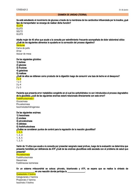 Unidad 2 Notas de lecturas y exámenes de bioquímica EXAMEN DE