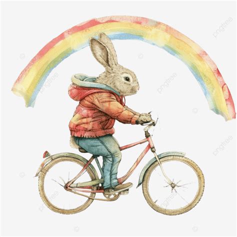 Rabbit Riding Bicycle Looking At Rainbow Rabbit Cartoon Character