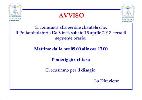 Avviso Chiusura Pasqua 2017 Poliambulatorio Da Vinci Gruppo Da Vinci