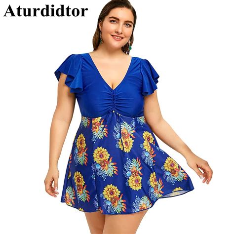 Plus Size Swimwear Blue Floral Flounce Skirted Swimdress Women Plus Size Beach Dress Large