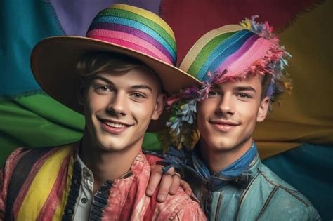 Um lindo casal gay feliz as cores do arco íris em um campo de flores mês do orgulho lgbtq