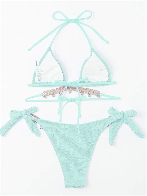Summer Beach Textured Bikini Set Rhinestone Chain Decor Triangle Bra Top Tie Side Bikini