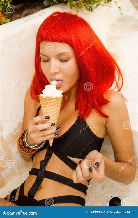 Cute Girl In Bikini Eat Icecream Cone Stock Image Image Of Flavor Cold