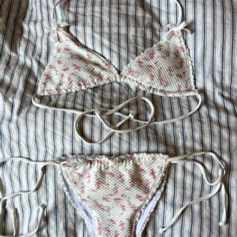 Floral White And Pink Bikini Set With Tie Up Bottoms Depop