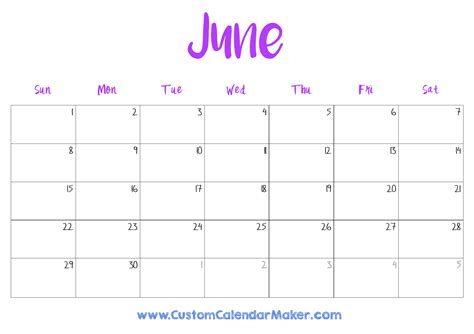June 2025 free printable calendar cute